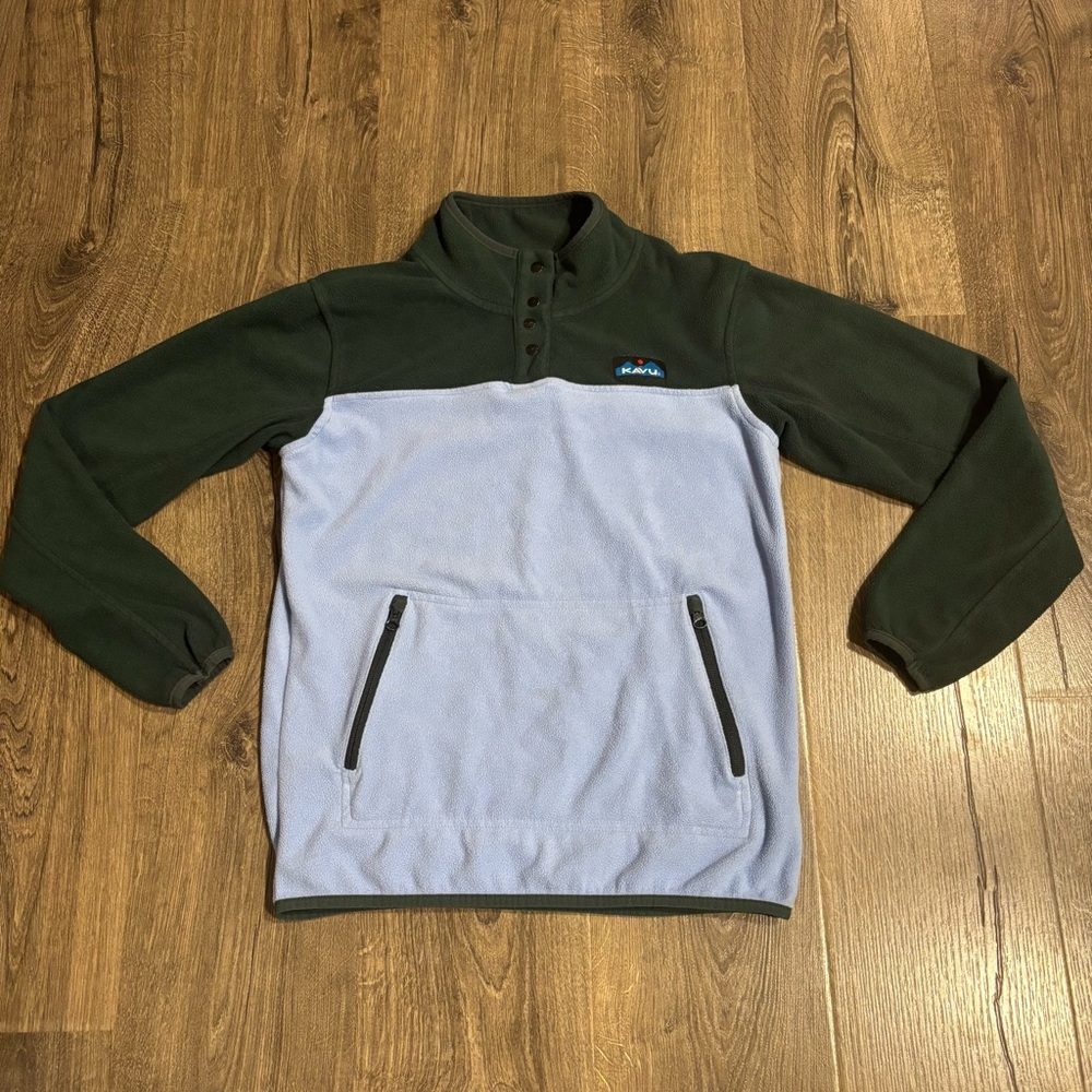 KAVU Cavanaugh Fleece Pullover Light Blue & Hunter Green Women’s size Small